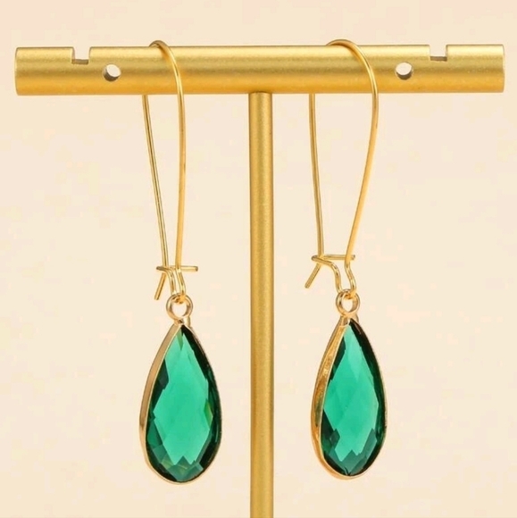 Gold dangle green glass earrings dainty boho drop hoop statement cute 💖2/$30 - Picture 8 of 10